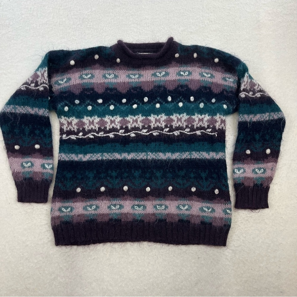 Vintage Christopher & Banks Purple Mohair Hand Embroidered Knit Sweater Size M